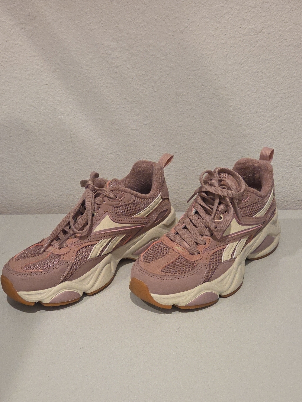 Reebok Women's Chunky Lace-Up Sneakers in Dusty Pink and Cream